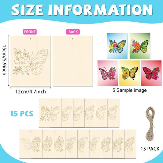 15 Pcs Unfinished Wood Crafts to Paint for Adults, 5.9x4.7 Inch Butterfly Paintable Wood Slices Craft Supplies with Ropes, Bulk Predrilled Wooden Ornaments for DIY Painting Craft Decor
