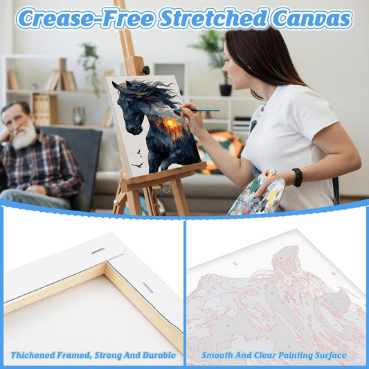 KEYIFA Paint by Numbers for Adults on Framed Canvas - with Wooden Easel, Abstract Horse Painting by Number Kit for Beginners, DIY Forest Sunset Acrylic Oil Painting for Home Wall Decor (8x12 inch)
