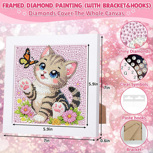 CEOVR Diamond Art Kits for Kids with Wooden Frame, Cartoon Cat Diamond Painting Dots for Kids Ages 8-12, Crystal Gem Art Crafts Gifts for Beginners&Teens, Home Wall Decor 7×7inch