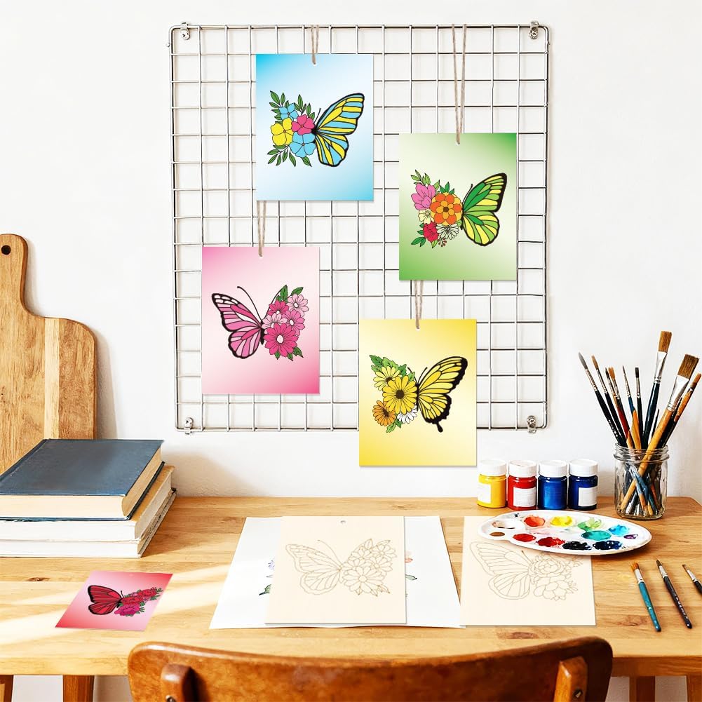15 Pcs Unfinished Wood Crafts to Paint for Adults, 5.9x4.7 Inch Butterfly Paintable Wood Slices Craft Supplies with Ropes, Bulk Predrilled Wooden Ornaments for DIY Painting Craft Decor