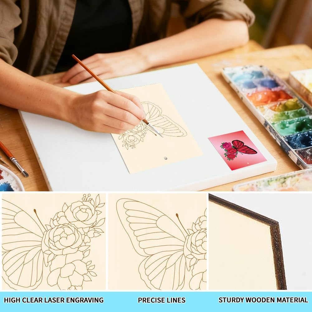 15 Pcs Unfinished Wood Crafts to Paint for Adults, 5.9x4.7 Inch Butterfly Paintable Wood Slices Craft Supplies with Ropes, Bulk Predrilled Wooden Ornaments for DIY Painting Craft Decor