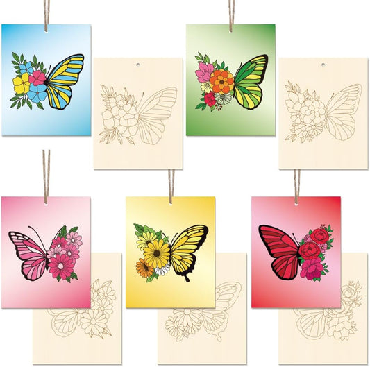 15 Pcs Unfinished Wood Crafts to Paint for Adults, 5.9x4.7 Inch Butterfly Paintable Wood Slices Craft Supplies with Ropes, Bulk Predrilled Wooden Ornaments for DIY Painting Craft Decor