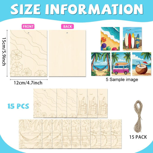 15 Pcs Unfinished Wood Crafts to Paint for Adults, 5.9x4.7 Inch Beach Paintable Wood Slices Craft Supplies with Ropes, Bulk Predrilled Wooden Ornaments for DIY Painting Craft Decor