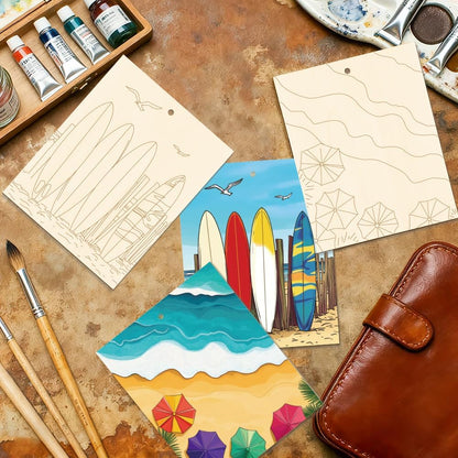 15 Pcs Unfinished Wood Crafts to Paint for Adults, 5.9x4.7 Inch Beach Paintable Wood Slices Craft Supplies with Ropes, Bulk Predrilled Wooden Ornaments for DIY Painting Craft Decor