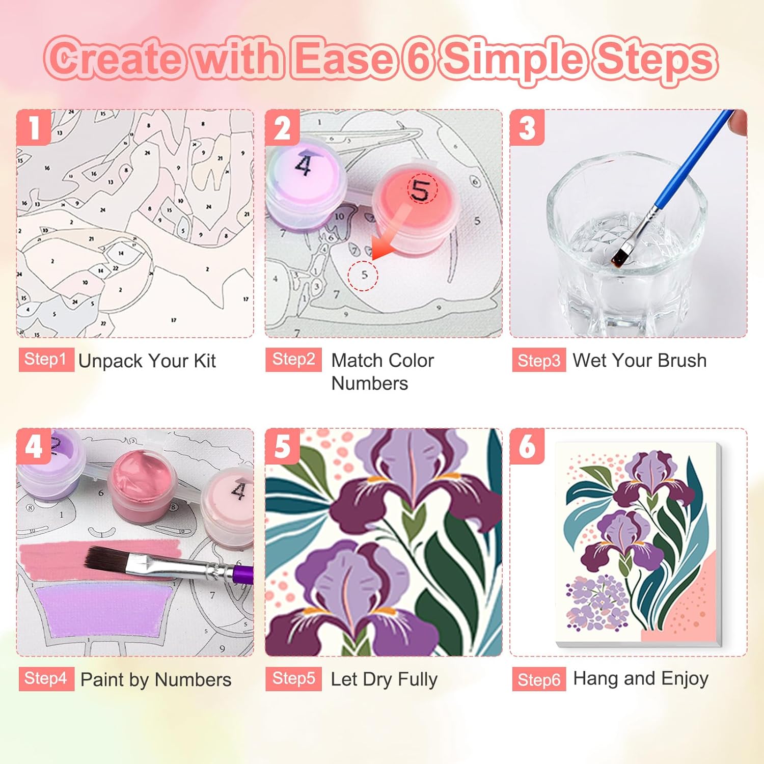 TOSTOG Artistic Floral Arrangements 4 Pack Framed Canvas Paint by Numbers Art Kit for Adults and Kids, Beginner Acrylic Oil Painting Supplies with Wooden Frame for Home Wall Decor 20 * 25 cm/8 * 10 in