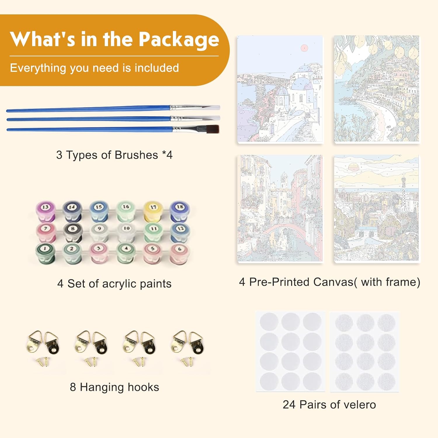 NEWENMO 4 Pack Paint by Numbers Kit for Kids Beginner with Wooden Frame, Beautiful Coast Village, Paint by Numbers Kit for Adults, Park and Cityscape, DIY Painting Kits for Home Wall Decor 8x10 inch