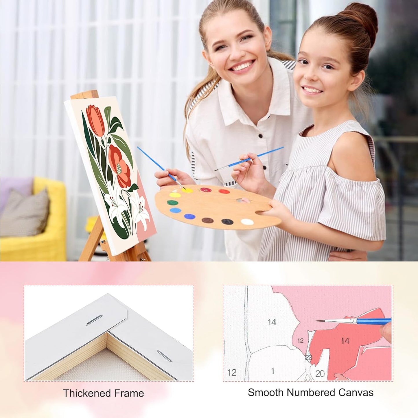 TOSTOG Artistic Floral Arrangements 4 Pack Framed Canvas Paint by Numbers Art Kit for Adults and Kids, Beginner Acrylic Oil Painting Supplies with Wooden Frame for Home Wall Decor 20 * 25 cm/8 * 10 in