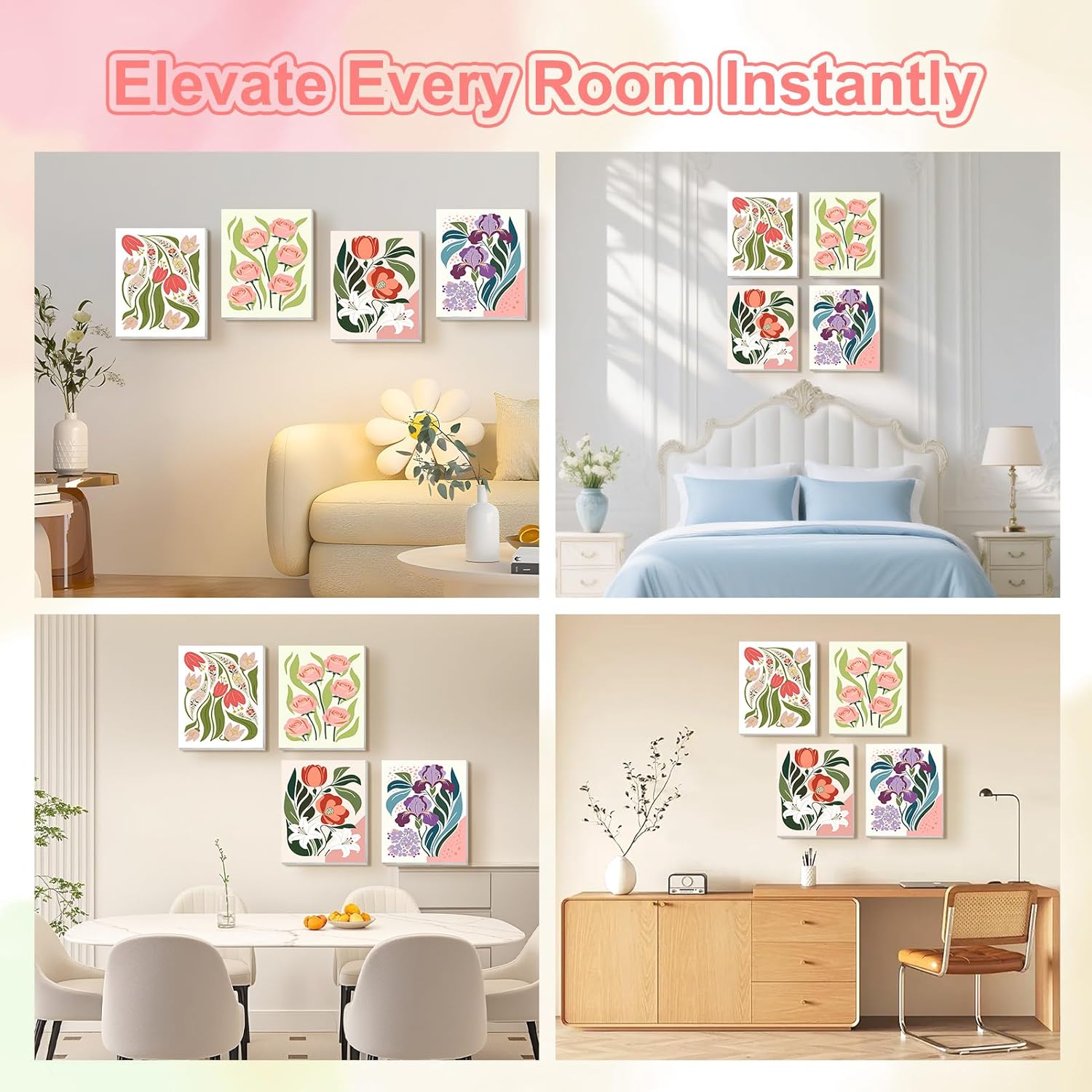 TOSTOG Artistic Floral Arrangements 4 Pack Framed Canvas Paint by Numbers Art Kit for Adults and Kids, Beginner Acrylic Oil Painting Supplies with Wooden Frame for Home Wall Decor 20 * 25 cm/8 * 10 in