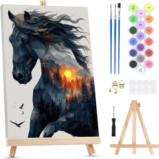KEYIFA Paint by Numbers for Adults on Framed Canvas - with Wooden Easel, Abstract Horse Painting by Number Kit for Beginners, DIY Forest Sunset Acrylic Oil Painting for Home Wall Decor (8x12 inch)