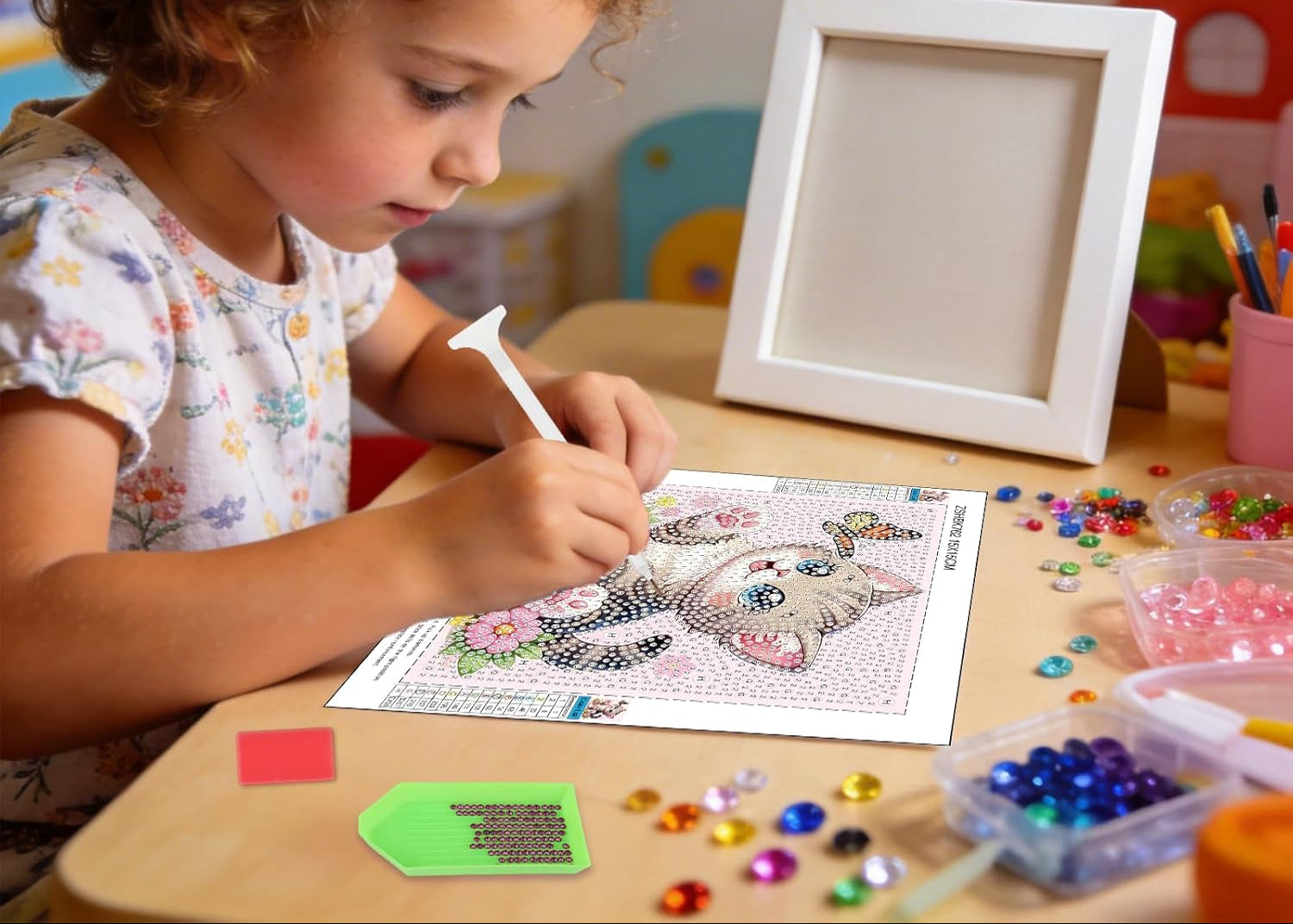 CEOVR Diamond Art Kits for Kids with Wooden Frame, Cartoon Cat Diamond Painting Dots for Kids Ages 8-12, Crystal Gem Art Crafts Gifts for Beginners&Teens, Home Wall Decor 7×7inch