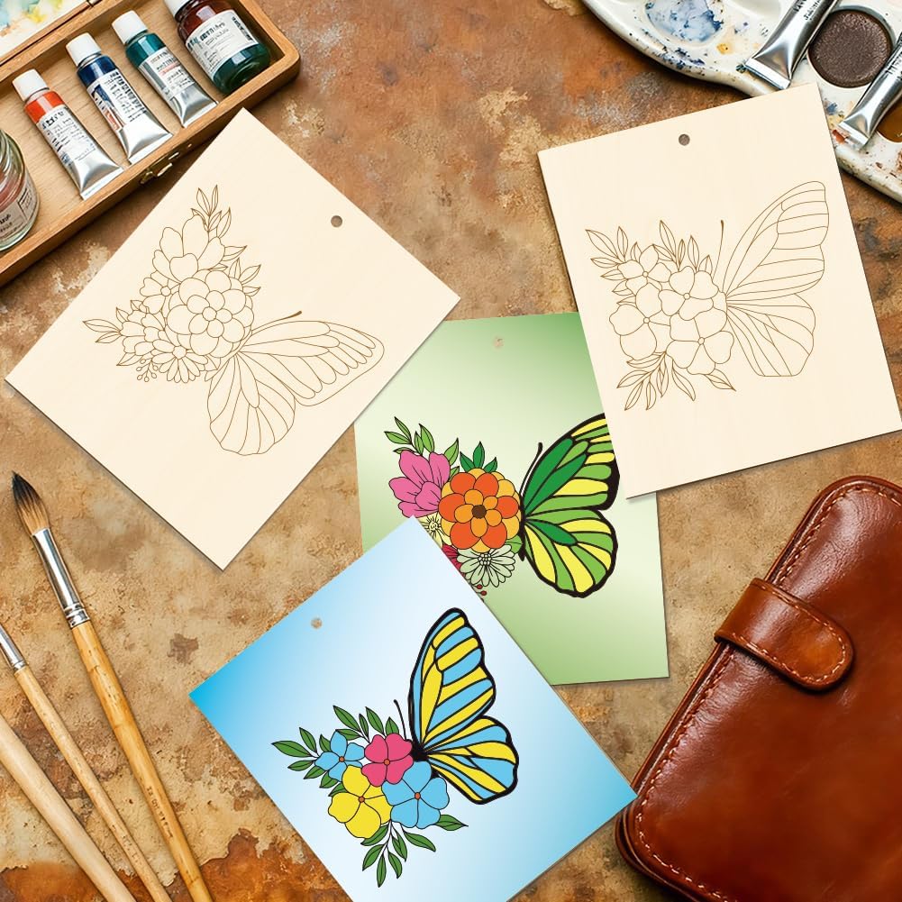 15 Pcs Unfinished Wood Crafts to Paint for Adults, 5.9x4.7 Inch Butterfly Paintable Wood Slices Craft Supplies with Ropes, Bulk Predrilled Wooden Ornaments for DIY Painting Craft Decor