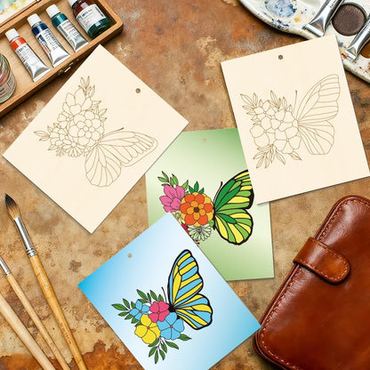 15 Pcs Unfinished Wood Crafts to Paint for Adults, 5.9x4.7 Inch Butterfly Paintable Wood Slices Craft Supplies with Ropes, Bulk Predrilled Wooden Ornaments for DIY Painting Craft Decor