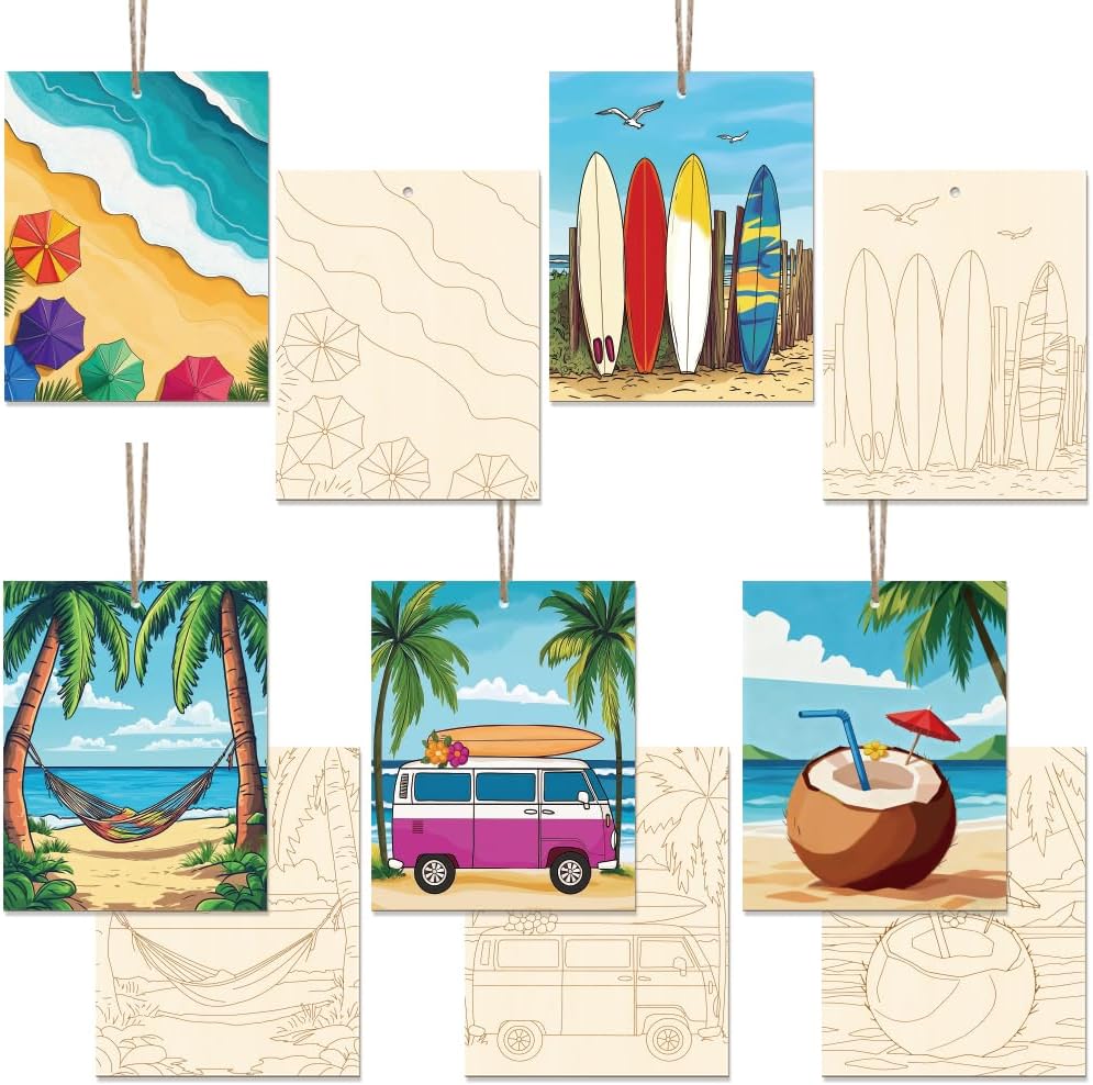 15 Pcs Unfinished Wood Crafts to Paint for Adults, 5.9x4.7 Inch Beach Paintable Wood Slices Craft Supplies with Ropes, Bulk Predrilled Wooden Ornaments for DIY Painting Craft Decor