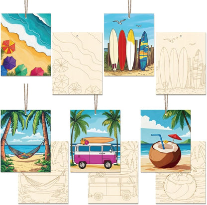 15 Pcs Unfinished Wood Crafts to Paint for Adults, 5.9x4.7 Inch Beach Paintable Wood Slices Craft Supplies with Ropes, Bulk Predrilled Wooden Ornaments for DIY Painting Craft Decor