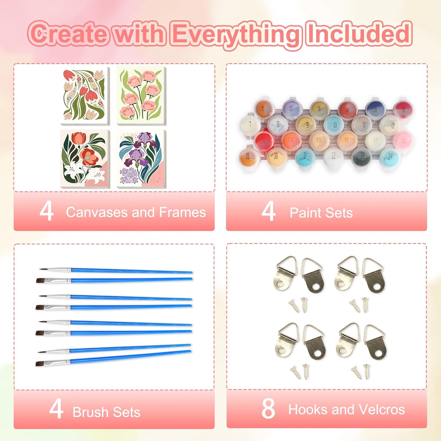 TOSTOG Artistic Floral Arrangements 4 Pack Framed Canvas Paint by Numbers Art Kit for Adults and Kids, Beginner Acrylic Oil Painting Supplies with Wooden Frame for Home Wall Decor 20 * 25 cm/8 * 10 in