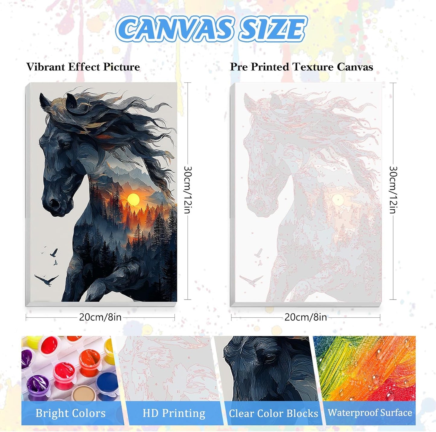 KEYIFA Paint by Numbers for Adults on Framed Canvas - with Wooden Easel, Abstract Horse Painting by Number Kit for Beginners, DIY Forest Sunset Acrylic Oil Painting for Home Wall Decor (8x12 inch)