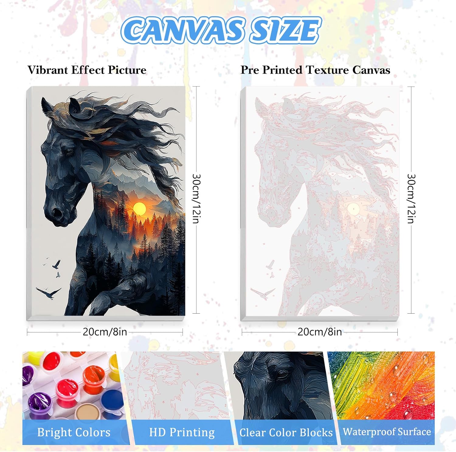 KEYIFA Paint by Numbers for Adults on Framed Canvas - with Wooden Easel, Abstract Horse Painting by Number Kit for Beginners, DIY Forest Sunset Acrylic Oil Painting for Home Wall Decor (8x12 inch)