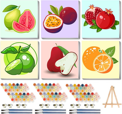 Canrichshop 6 Pack Paint by Numbers Kit for Adults & Kids Ages 4+ Framed-with Wooden Easel,Easy DIY Fruit Oil Painting on Canvas,Acrylic Paint by Number Beginner with Frame for Decor 8x8inch