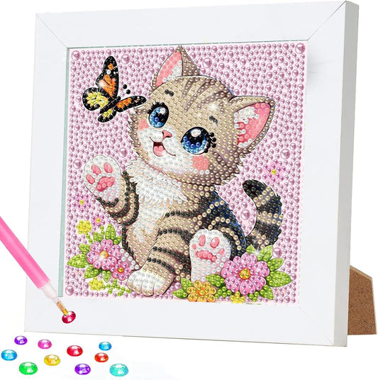 CEOVR Diamond Art Kits for Kids with Wooden Frame, Cartoon Cat Diamond Painting Dots for Kids Ages 8-12, Crystal Gem Art Crafts Gifts for Beginners&Teens, Home Wall Decor 7×7inch