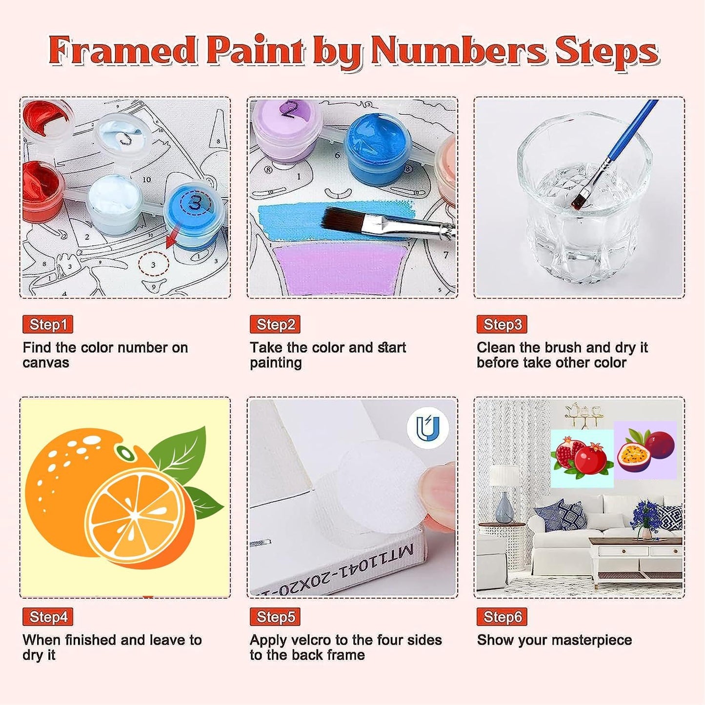 Canrichshop 6 Pack Paint by Numbers Kit for Adults & Kids Ages 4+ Framed-with Wooden Easel,Easy DIY Fruit Oil Painting on Canvas,Acrylic Paint by Number Beginner with Frame for Decor 8x8inch