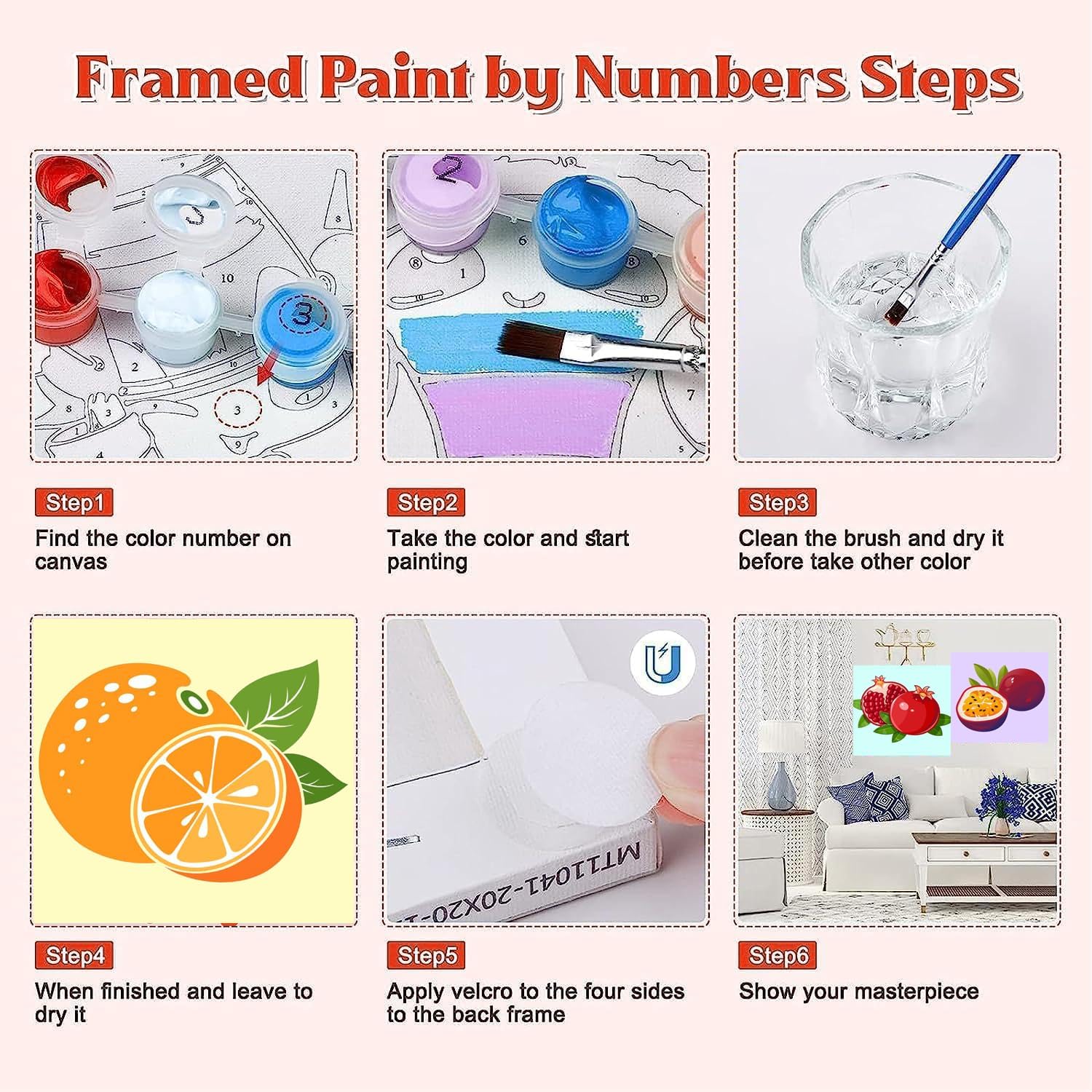Canrichshop 6 Pack Paint by Numbers Kit for Adults & Kids Ages 4+ Framed-with Wooden Easel,Easy DIY Fruit Oil Painting on Canvas,Acrylic Paint by Number Beginner with Frame for Decor 8x8inch