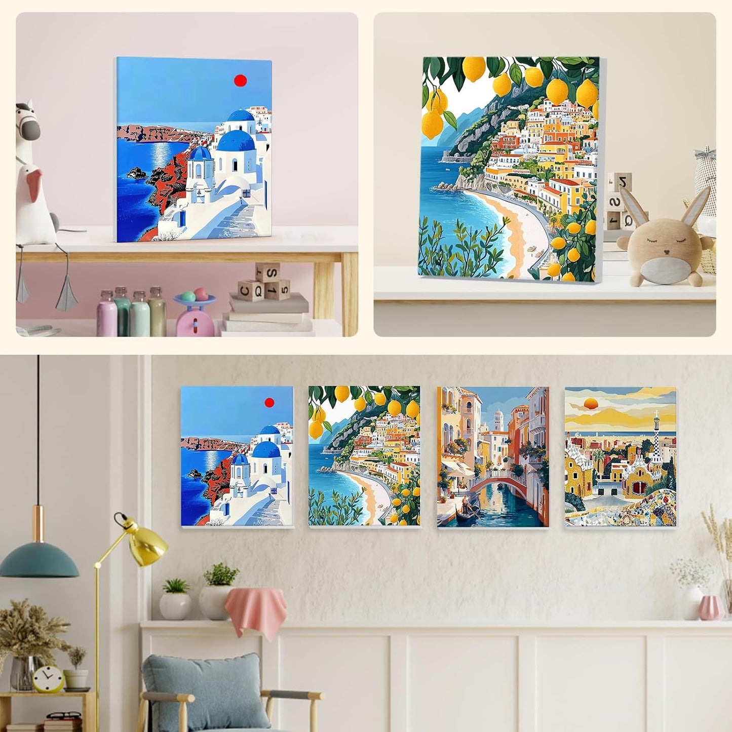 NEWENMO 4 Pack Paint by Numbers Kit for Kids Beginner with Wooden Frame, Beautiful Coast Village, Paint by Numbers Kit for Adults, Park and Cityscape, DIY Painting Kits for Home Wall Decor 8x10 inch