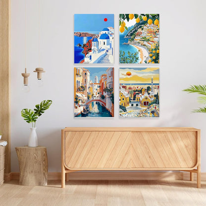 NEWENMO 4 Pack Paint by Numbers Kit for Kids Beginner with Wooden Frame, Beautiful Coast Village, Paint by Numbers Kit for Adults, Park and Cityscape, DIY Painting Kits for Home Wall Decor 8x10 inch