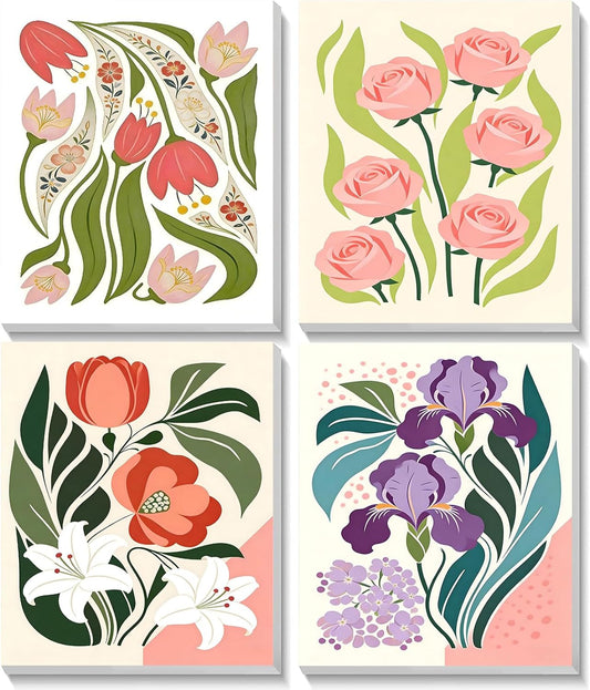 TOSTOG Artistic Floral Arrangements 4 Pack Framed Canvas Paint by Numbers Art Kit for Adults and Kids, Beginner Acrylic Oil Painting Supplies with Wooden Frame for Home Wall Decor 20 * 25 cm/8 * 10 in